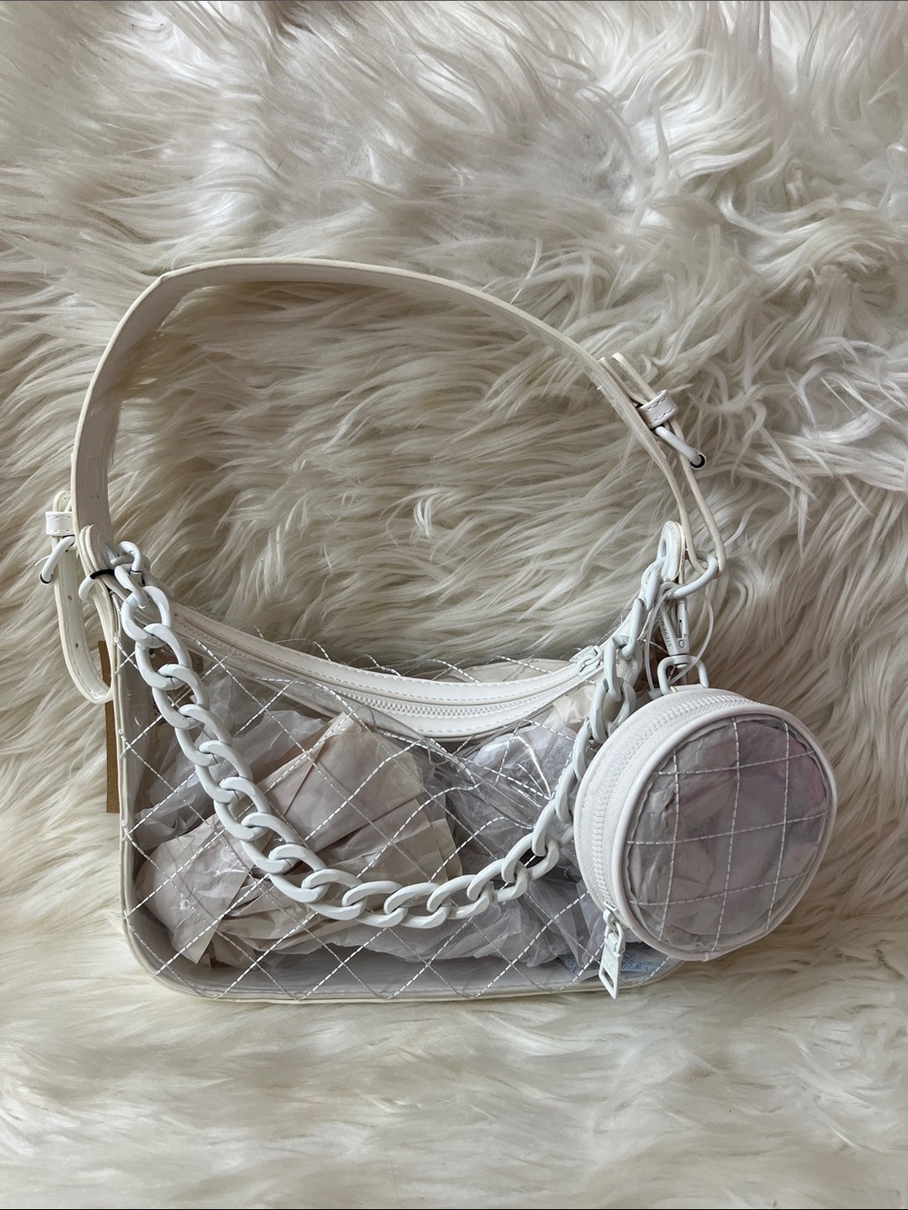 Steve Madden Clear Quilted Shoulder Bag with White Chain and Coin Pouch